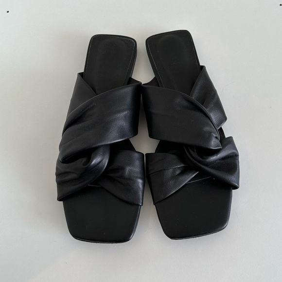 Alias Mae Shoes - Alias Mae Black Leather Knot Slide Sandals Square Toe Minimalist Size 36 NWT